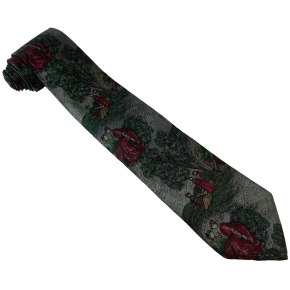 Classical Garden Picnic Silk Tie Necktie Made in Italy Silver Gray Green Red - Picture 2 of 3